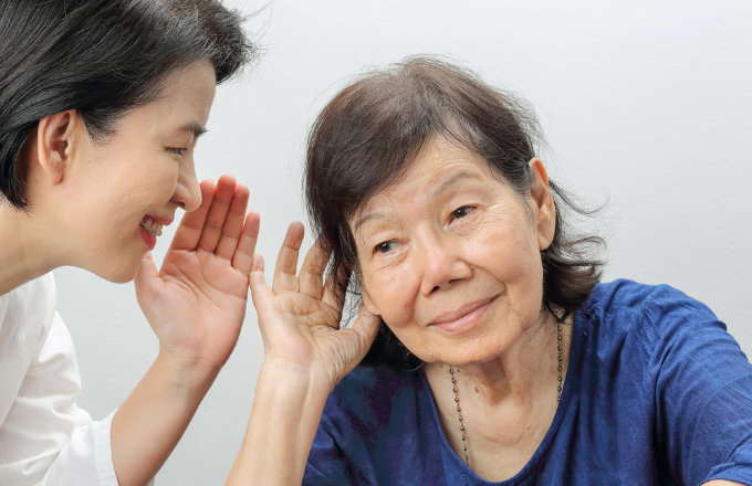 Asian seniors woman hearing loss , Hard of hearing